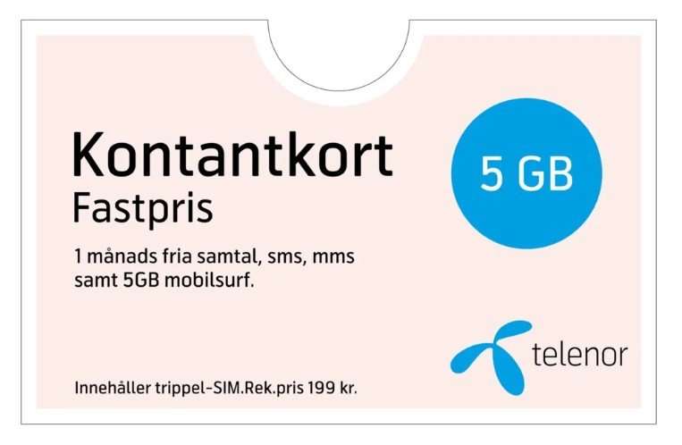Telenor Fastpris Kontantkort 1 månad 5 GB - Ta med hela surfen till EU - Värde 199kr